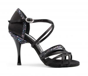 DANSSCHOEN ZWART SATIJN/GLITTER NAALDHAK 7.5CM  